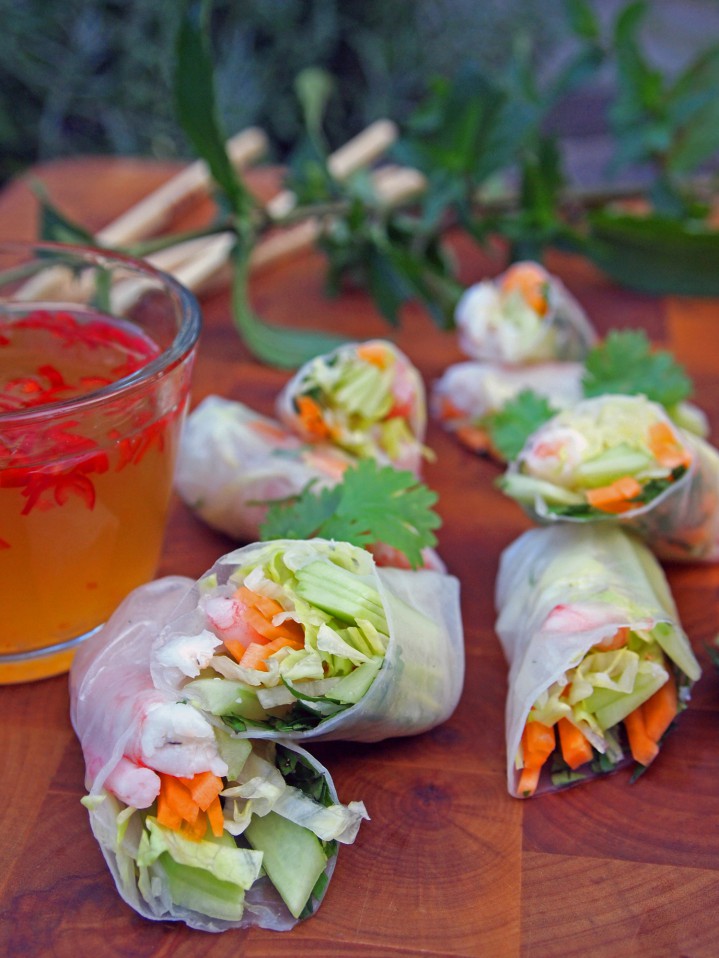 Vietnamesiska vårrullar med grönsaker, räkor och nuoc cham